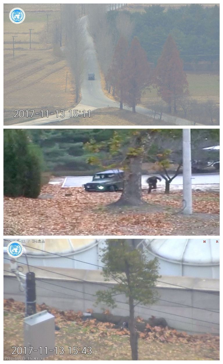 Turvakaamera lindistuskaadrid, millel on näha Põhja-Korea sõduri põgenemist