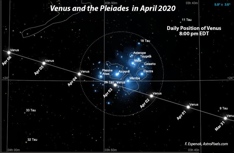 Veenus ja Plejaadid aprillis 2020. Foto: https://apod.nasa.gov F.Espanak, Astropixels.com