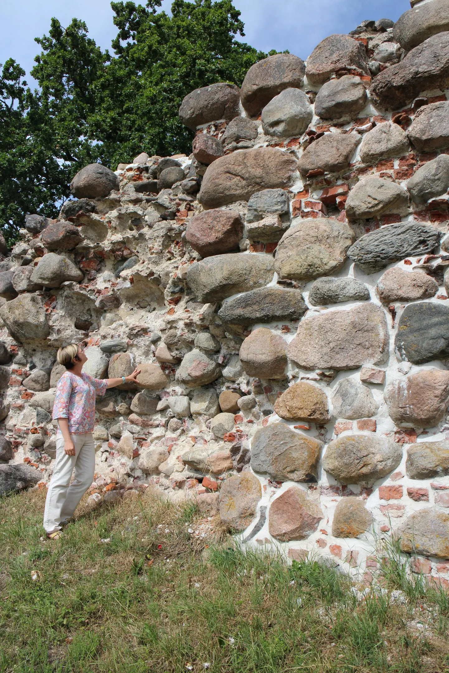Järve poolt vaadates parem müüripool on konserveeritud möödunud aastal, vasak ootab oma järge. Monika Vestman uurib kivimürakaid, mis näivad justkui tahtejõu varal omal kohal püsivat, kuid ometi ei kavatsegi raskusjõule alluda.