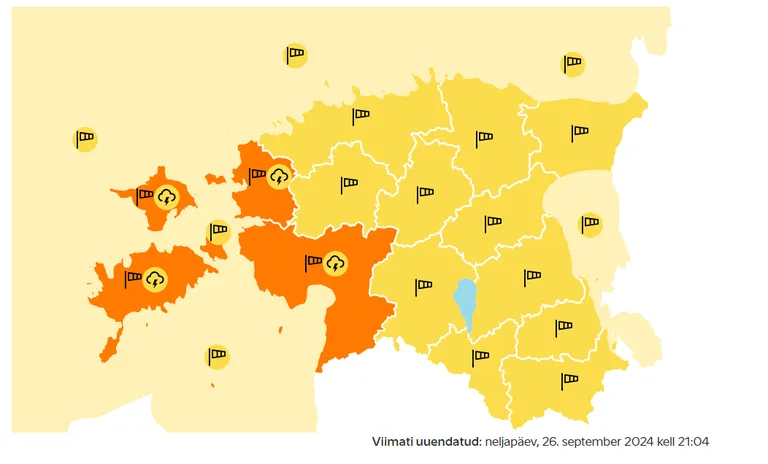 Keskkonnaagentuuri ilmakaart näitab, et osa maakondi on värvunud oranžiks, mis tähendab teise taseme tormihoiatust.