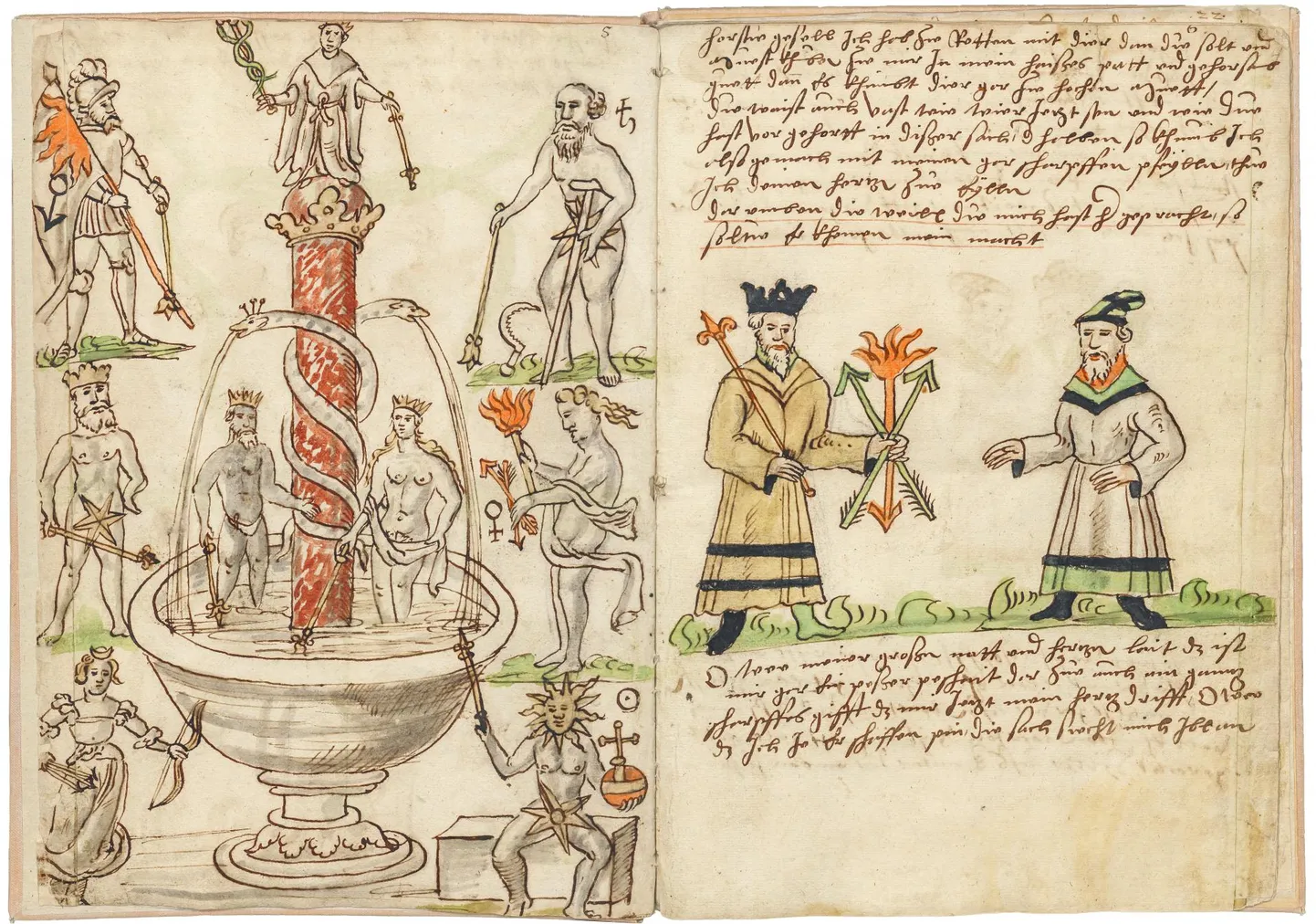Käsikiri aastast 1541. Vasakpoolsel leheküljel on kujutatud alkeemilist stseeni, kus elava vee purskkaevus on toimumas keemiline pulm: riided seljast heitnud kuningas ja kuninganna pannakse paari ning nende kohal seisab heeroldikeppi käes hoidev preester Elavhõbe/Merkuur. Pulmakülalistena on kohal ka teised metallid.