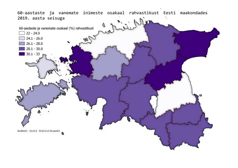 60-aastaste ja vanemate inimeste osakaal maakondades.