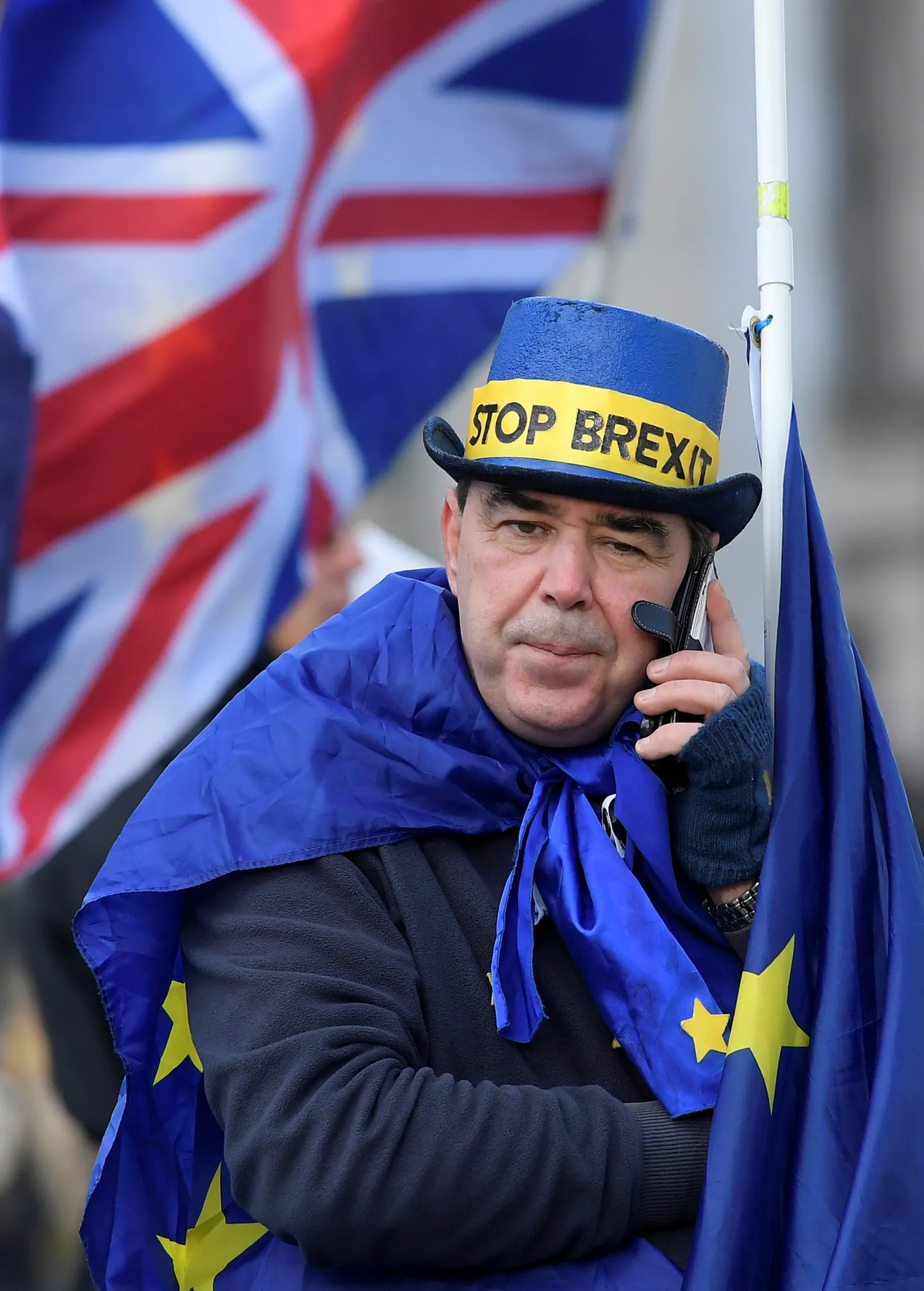 Brexiti vastu protesteerinud mees Suurbritannia parlamendi juures.