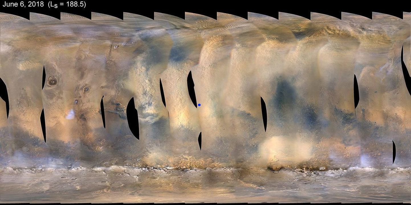 NASA Mars Reconnaissance Orbiteri tehtud satelliidipiltidel on näha punase planeedi endasse haaranud hiiglaslik tolmutorm. Opportunity askoht on tähistatud sinise täpiga.
