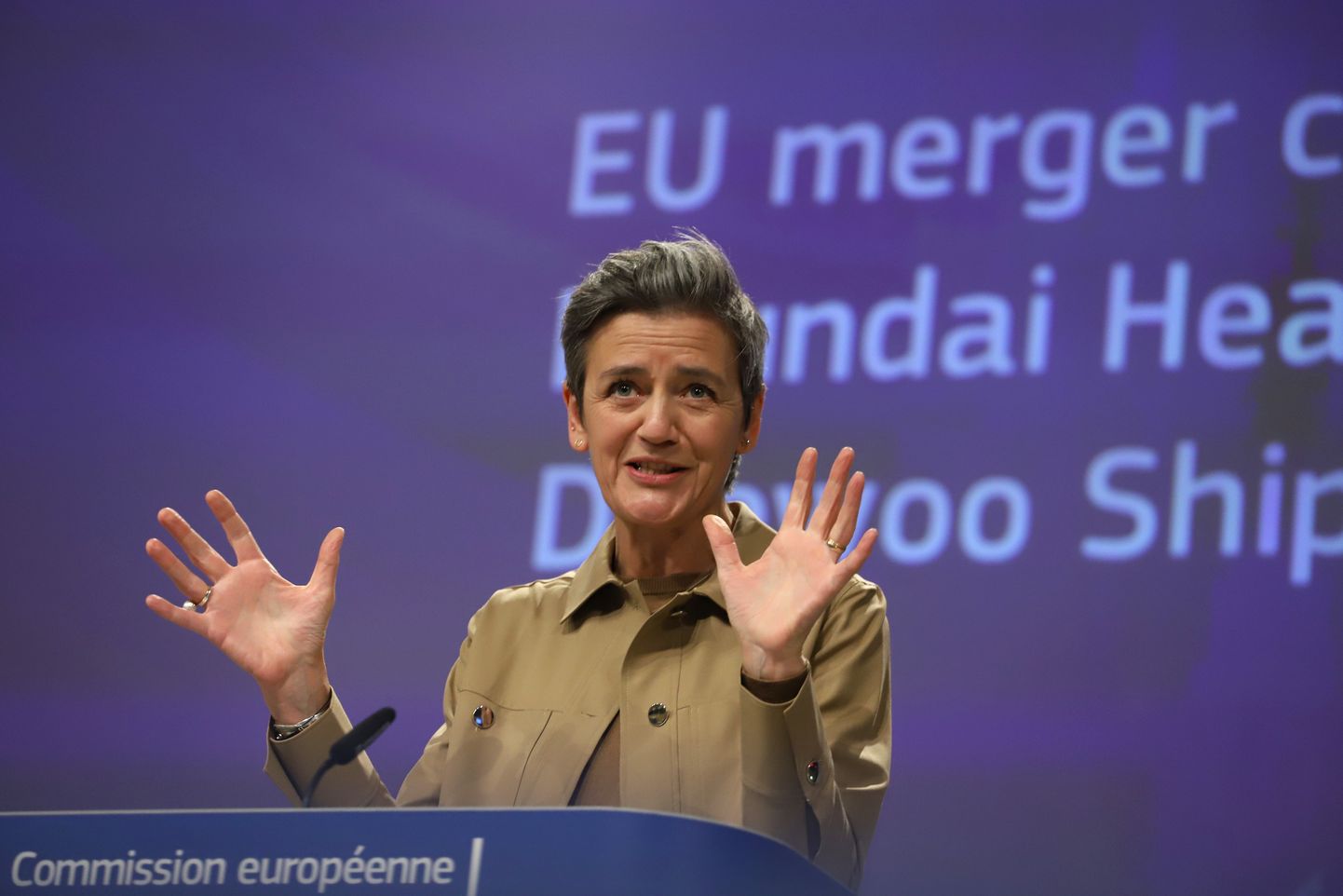 Euroopa Liidu volinik Margrethe Vestager selgitas 13. jaanuaril Brüsselis, miks kahe Lõuna-Korea laevatehase ühinemine Euroopale kahjulik on (Credit Image: © Valeria Mongelli/ZUMA Press Wire)