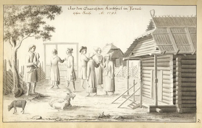 Torupilli saatel tantsivad Pärnumaa Saarde kihelkonna poisid ja tüdrukud 1795 Johann Christoph Brotze käsikirjalisest teosest «Sammlung verschiedener Liefländischer Monumente, Prospecte, Münzen, Wappen etc».