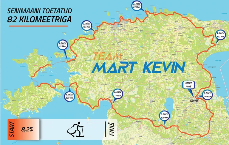 Mart Kevin Põlluste rullsuusaretke esialgne plaan.
