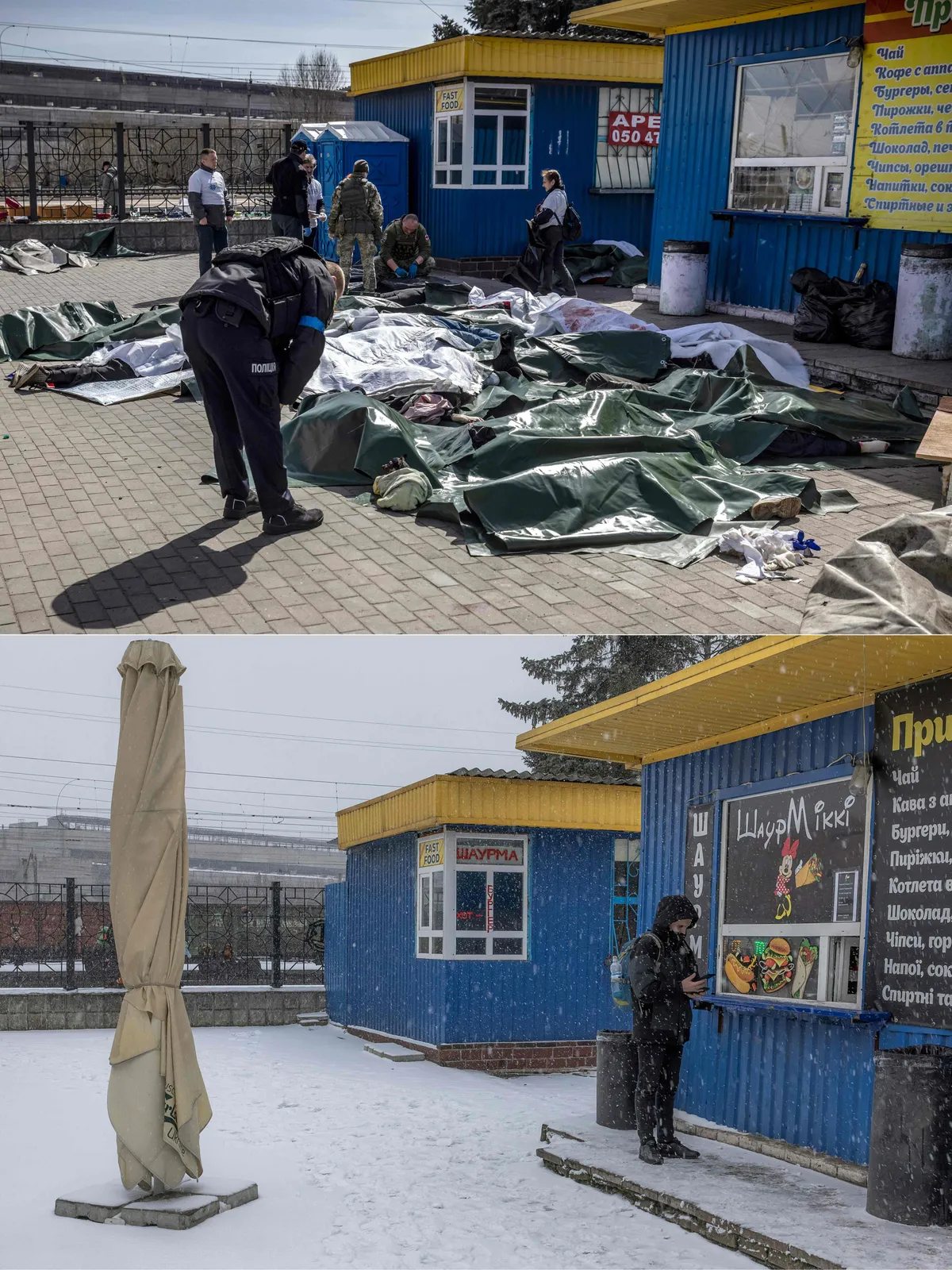 Augšā: Krievijas raķetes uzbrukums dzelzceļa stacijai Kramatorskā 2022.gada 8.aprīlī, kad no Ukrainas austrumiem mēģināja evakuēties liels daudzums civiliedzīvotāju. Nogalināti tika vismaz 35 cilvēki. Lejā: Kramatorskas stacija 2024.gada 25.janvārī. 