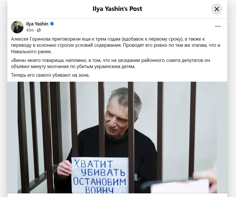 Пост Ильи Яшина после нового приговора Алексею Горинову, 29 ноября 2024 года.