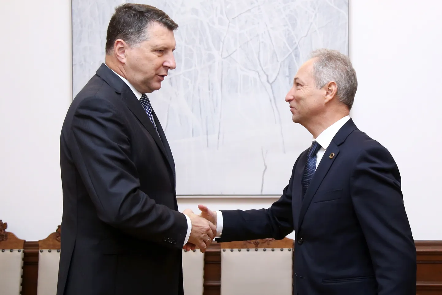 Valsts prezidents Raimonds Vējonis (no kreisās) un 13. Saeimā ievēlētais Jaunās konservatīvās partijas Ministru prezidenta amata kandidāts Jānis Bordāns tikšanās laikā Rīgas pilī.