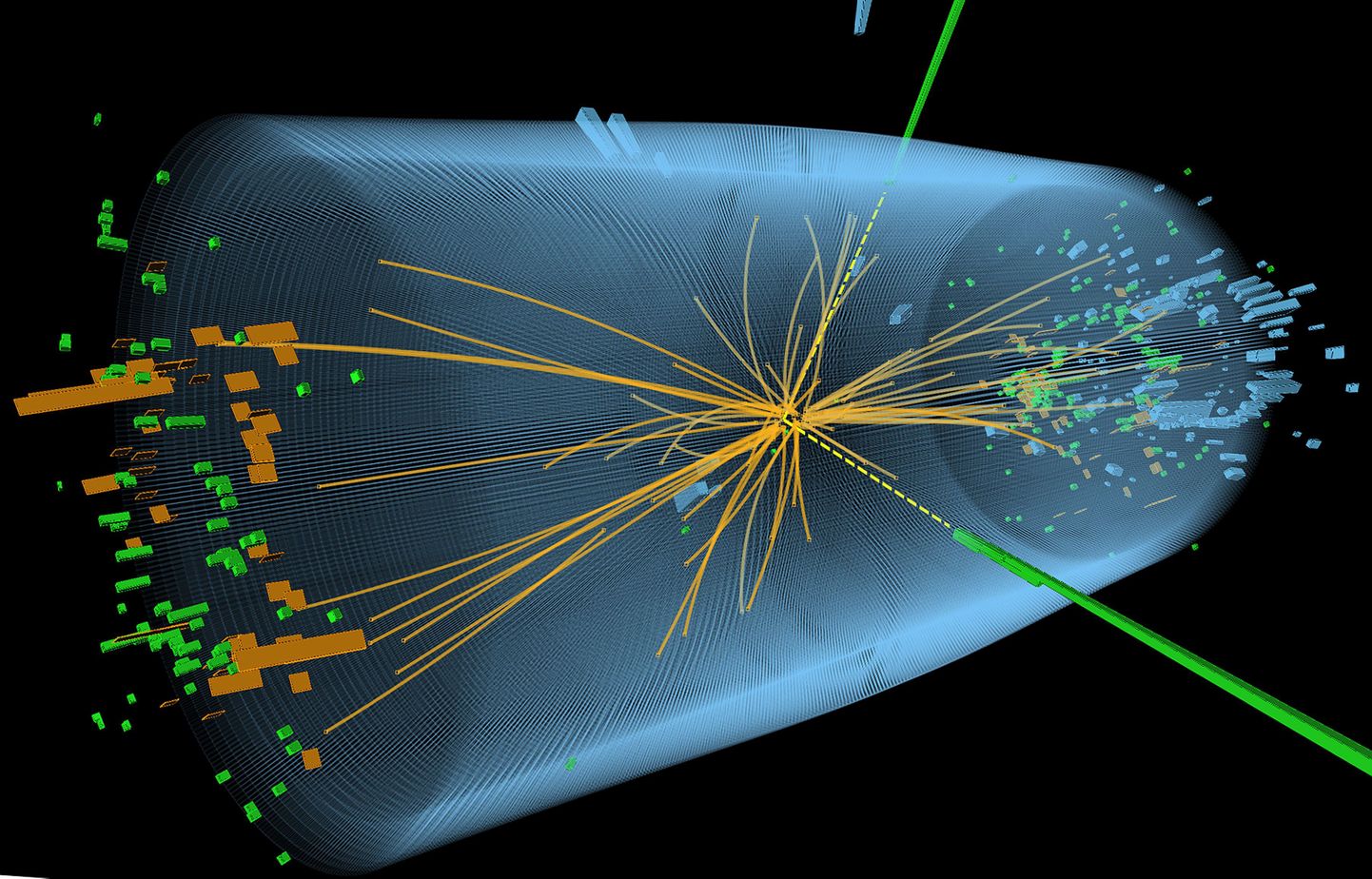 Pildil on näha Higgsi bosoni leidmiseks korraldatud CMS eksperimendi käigus tekkinud osakeste põrkumise jäljed.