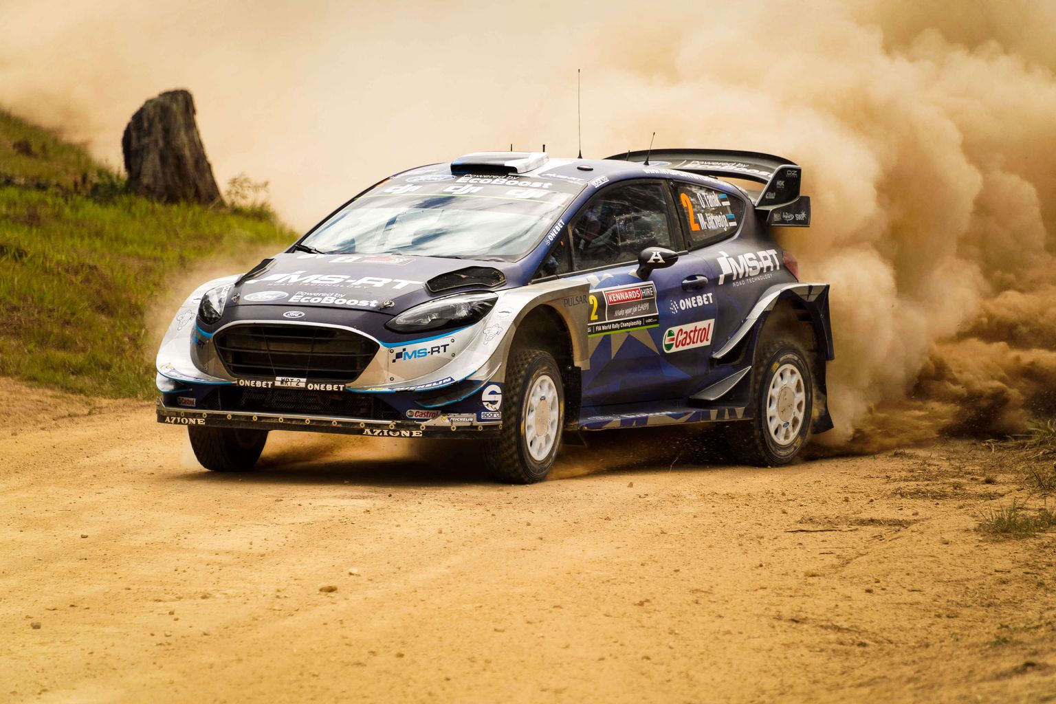 Ott Tänak ja Martin Järveoja M-Spordi Ford Fiestaga. Aasta siis oli 2017, pilt on tehtud Austraalia ralli testikatsel.