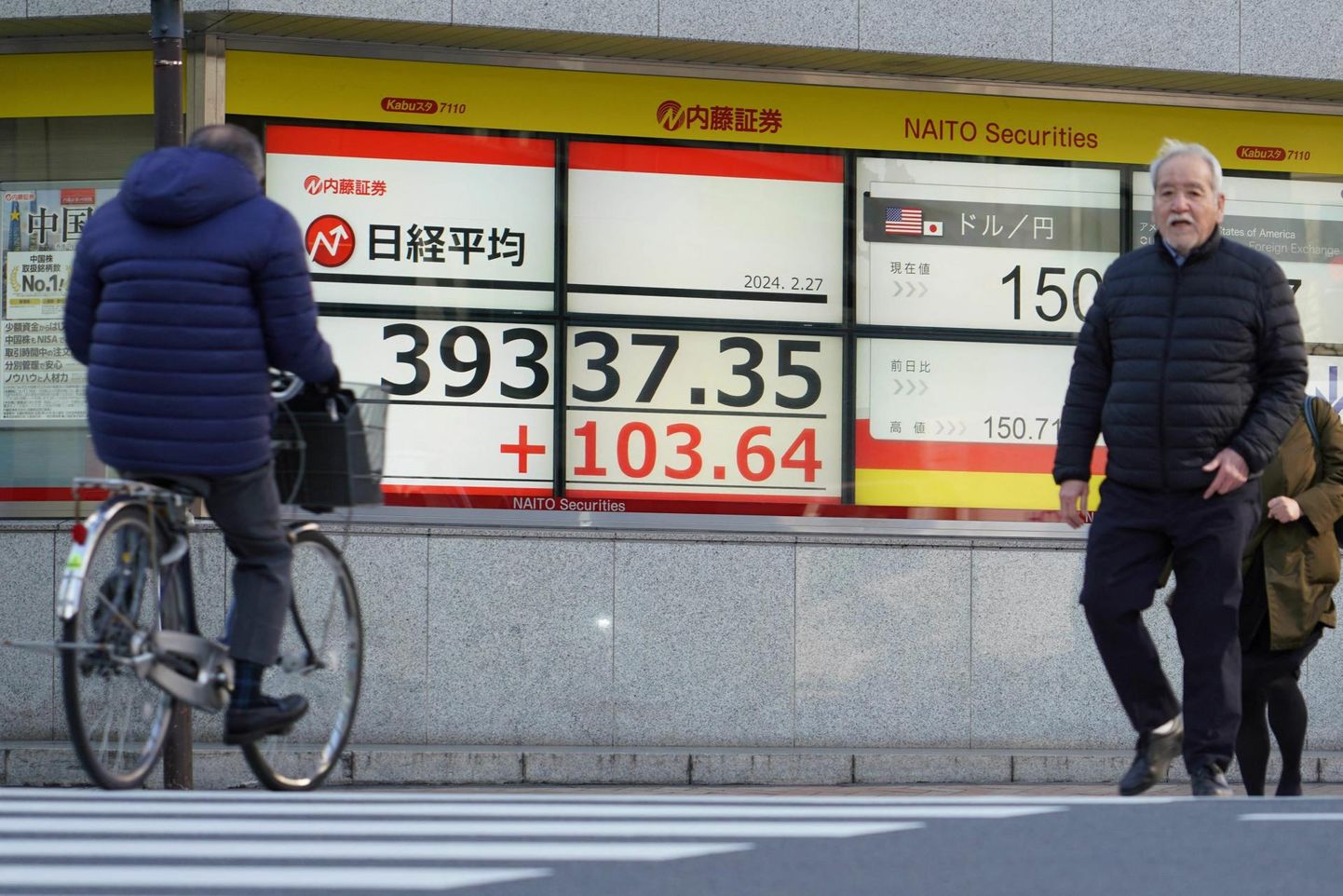 Tokyo börsi Nikkei indeks kerkis uuele rekordtasemele kolmandat järjestikkust päeva. Tabloo fotol näitab Nikkei indeksi seisu.