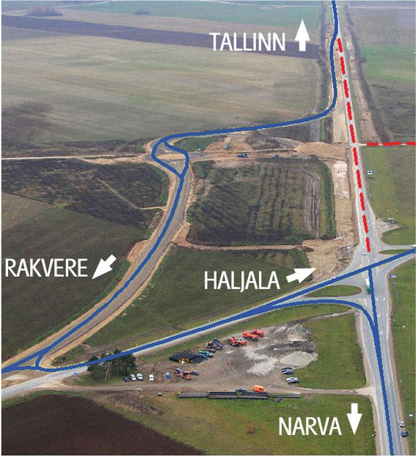 Punase katkendjoonega on skeemil tähistatud teelõigud, mis on alates homsest suletud. Liiklus suunatakse ümber uue Haljala-Rakvere maantee esimesele valminud lõigule.