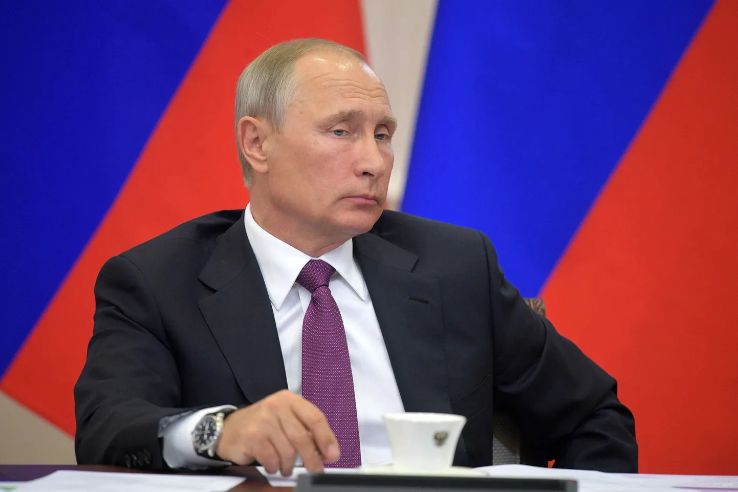 Russian President Vladimir Putin chairs a meeting on the development of transport infrastructure in Kaliningrad, Russia, Wednesday, Aug. 16, 2017. (Alexei Druzhinin, Sputnik/Kremlin Pool Photo via AP)