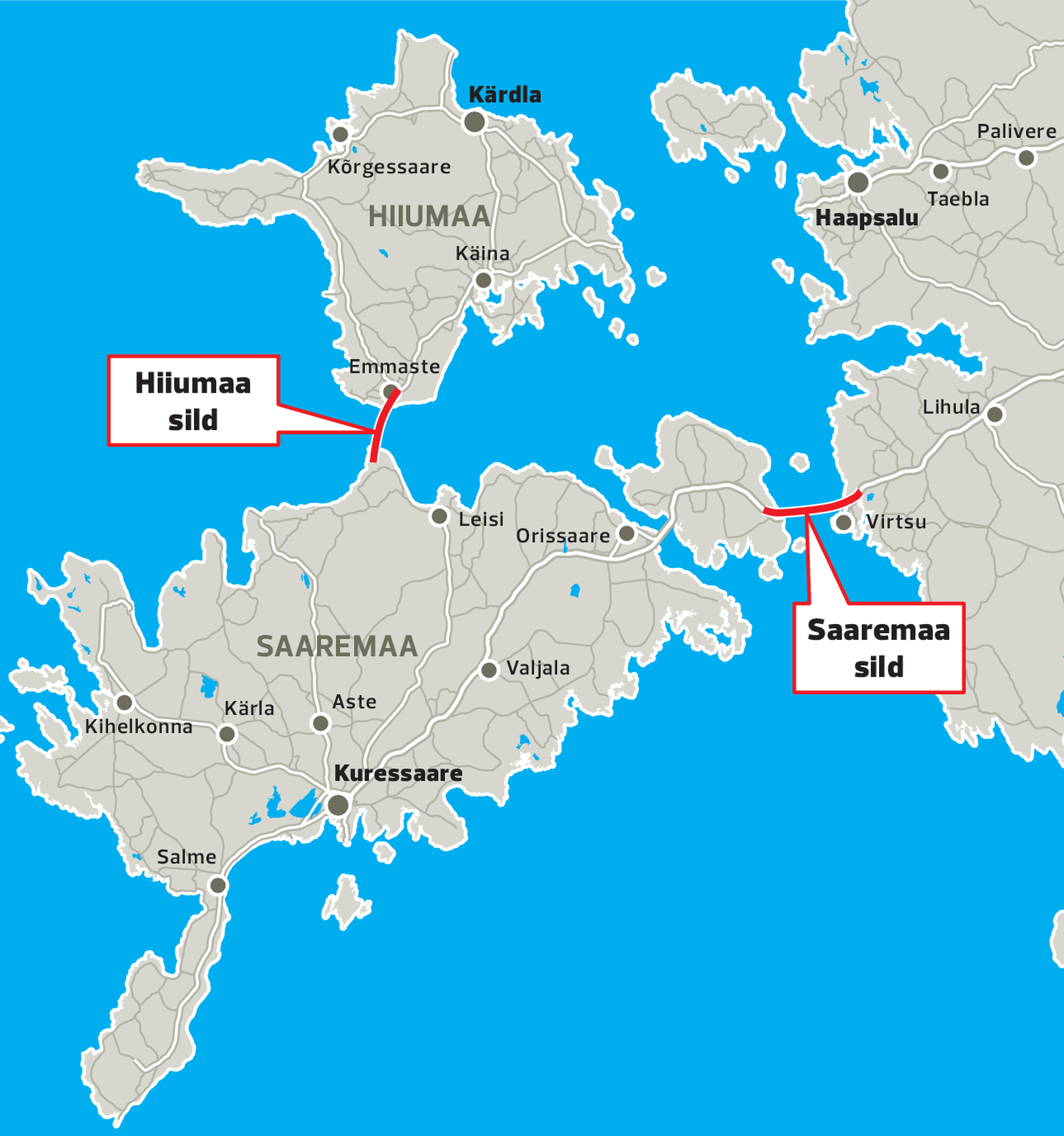 Kavandatav sild Saaremaa ja mandri ning Saaremaa ja Hiiumaa vahel.