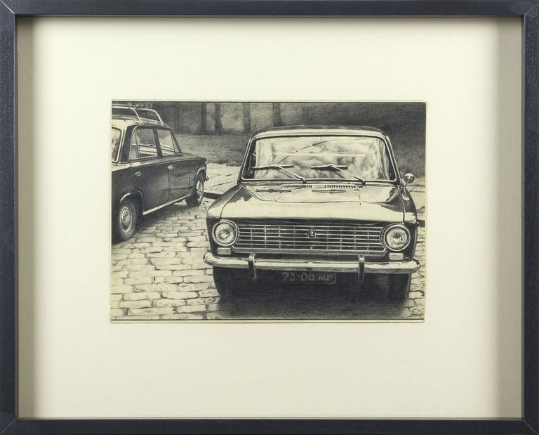 Miervaldis Polis (1948) "Automašīnas saulē", 1973. Papīrs, zīmulis. 21.5x33 cm. Sākumcena 6000 eur