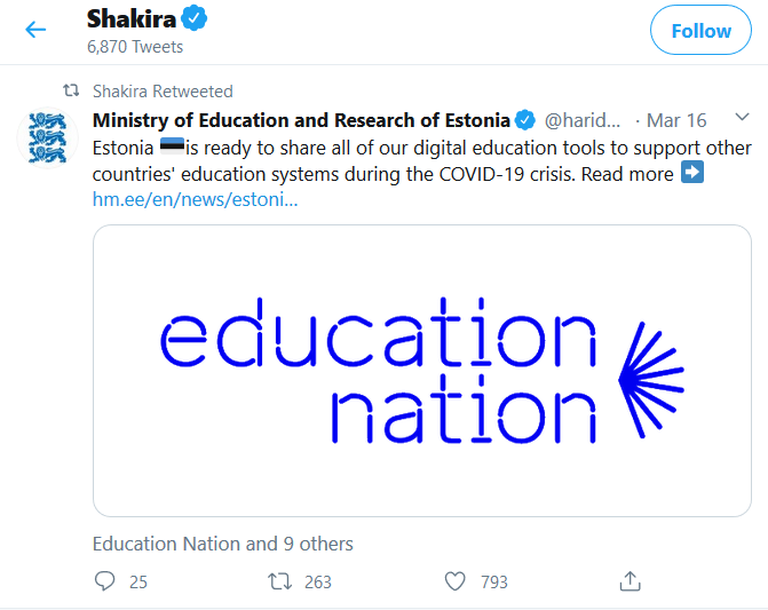 Shakira jagas Twitteris Eesti haridustehnoloogiaettevõtjate algatust. Popstaaril on Twitteris üle 52 miljoni jälgija, kõnealune postitus on kogunud ligi 800 meeldimist.