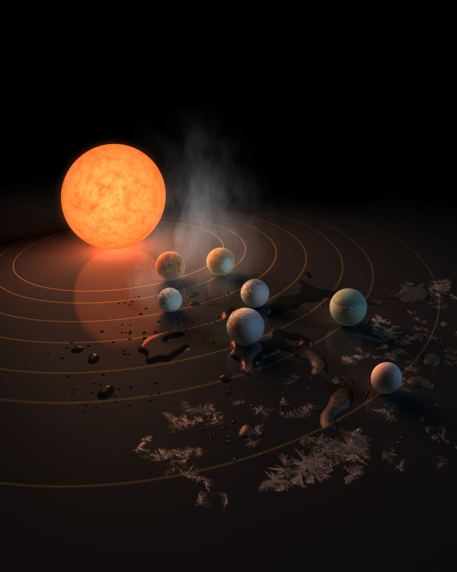 Kunstniku kujutis tähest TRAPPIST-1 ja teda ümbritsevast seitsmest Maa suurusest planeedist. Tegemist on kõige perspektiivikama maavälise elu leiukohaga seni.