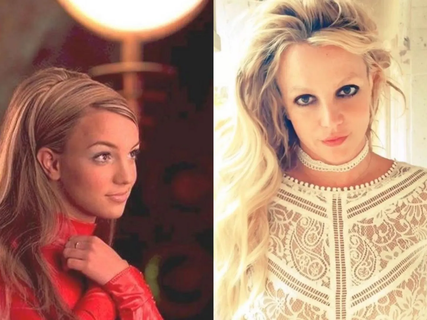 Vasakul: Britney Spears nooruses "Oops!.. I Did it again" videos. Paremal: Britney Spears 2020. aastal.