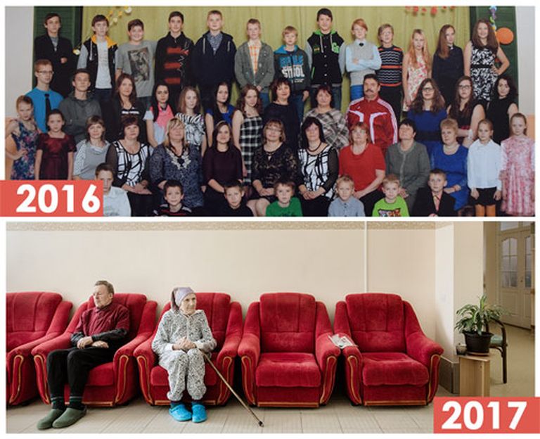 Pēdējais kopīgais foto Dzērvju pamatskolā Daukstu pagastā 2016. gadā (augšā). Tagad – pansionāts (apakšā) 