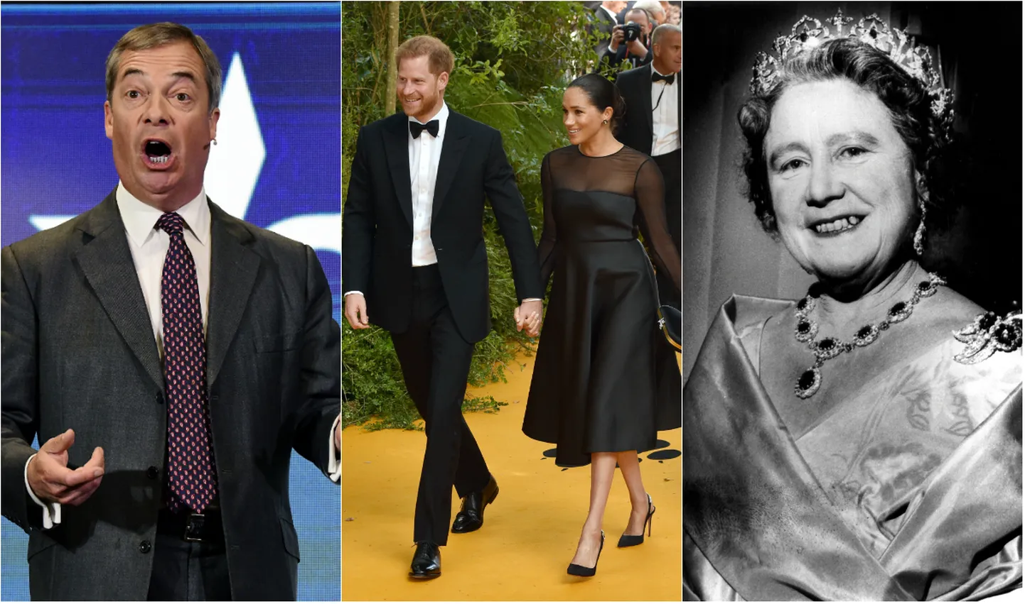 Nigel Farage (vasakult) nädalavahetusel Sydneys, prints Harry ja hertsoginna Meghan «Lõvikuninga» esilinastusel ning kuninganna ema Elizabeth 1966. aastal.