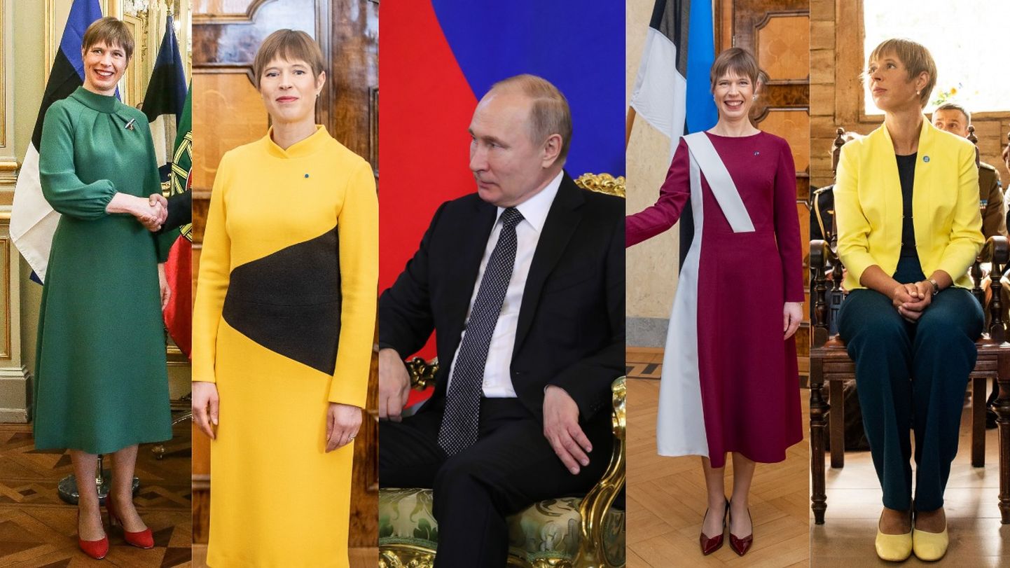 Коллаж: Кальюлайд в разноцветных костюмах и Путин