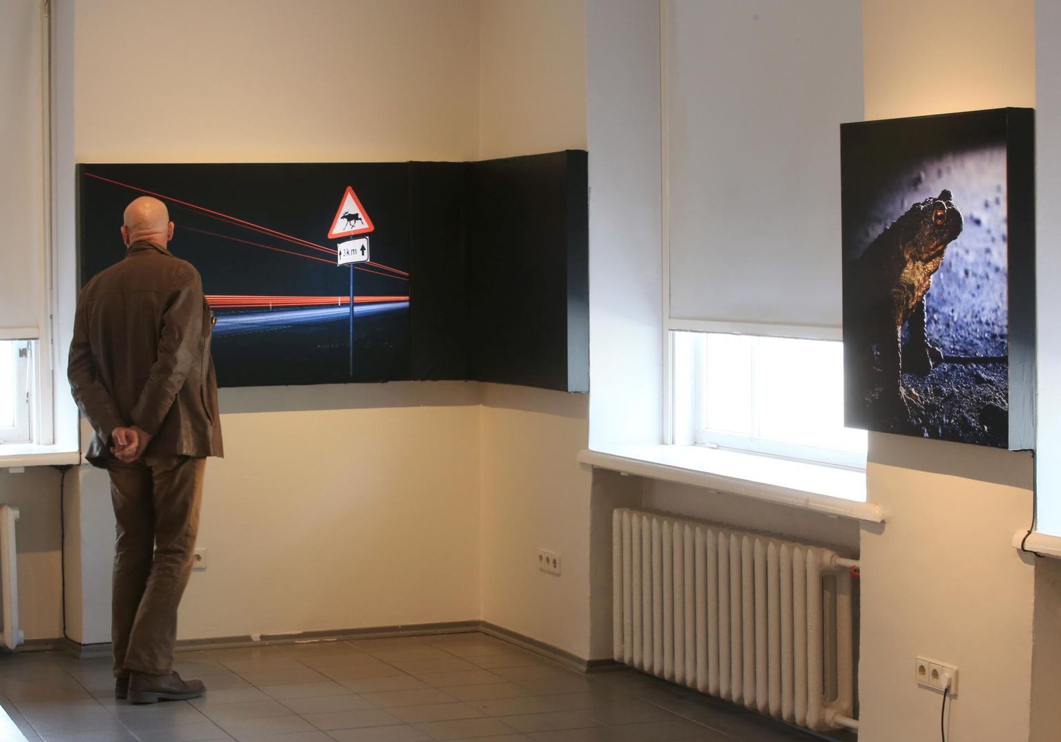 Jaanus Remm on näha andnud oma fotod, mida parajasti uurib üks näitusekülastaja. 
