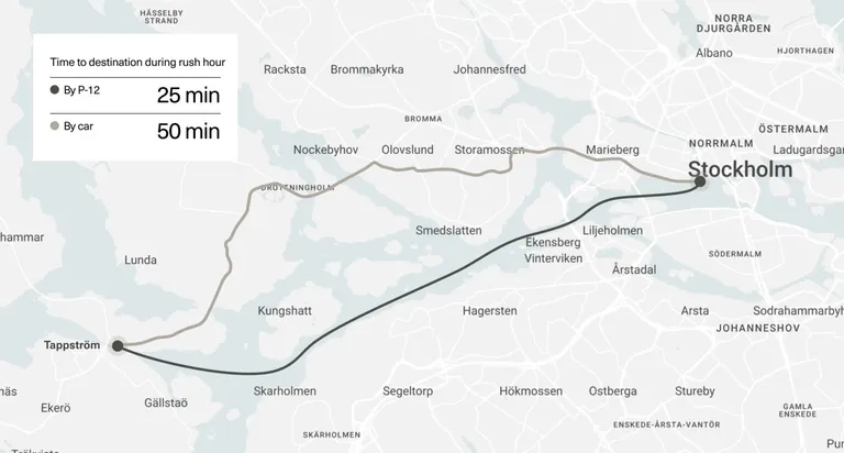 Stockholmi kesklinnast Ekerö Tappströmi sadamasse kuluks veealuste tiibadega elektrilaeval sõiduks 25 minutit, samal ajal kui autoga jõuab samasse kohta ligi 50 minutiga.