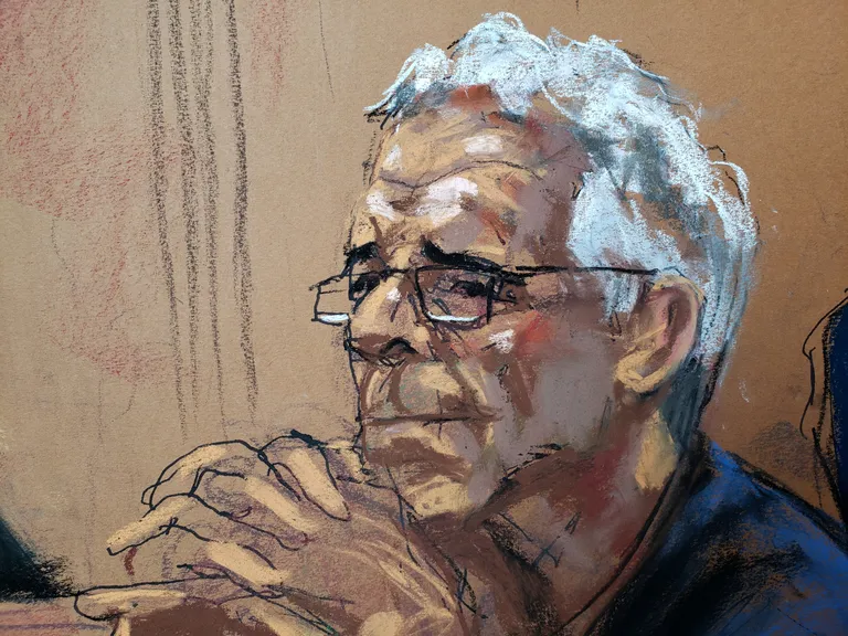 Joonistus Jeffrey Epsteinist kohtusaalis.