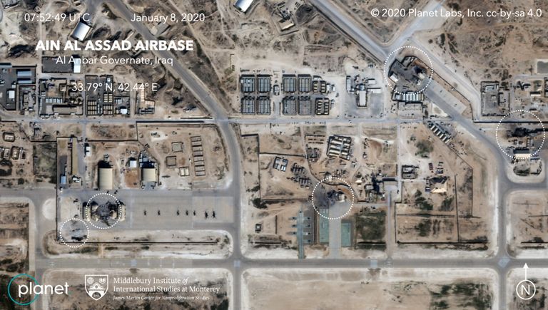 Satelliidifoto Iraagis asuvast liitlasvägede Ain al-Asadi õhuväebaasist, mida tabasid Iraani raketid