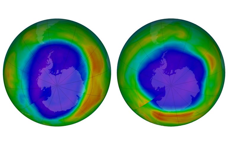Pildil madala osoonisisaldusega alad Antarktika kohal 2000. aasta septembris (vasakul) ja septembris 2018 (paremal). Lilla ja sininega on tähistatud piirkonnad, kus osooni on kõige vähem ning kollase ja punasega need, kus osooni on rohkem. 