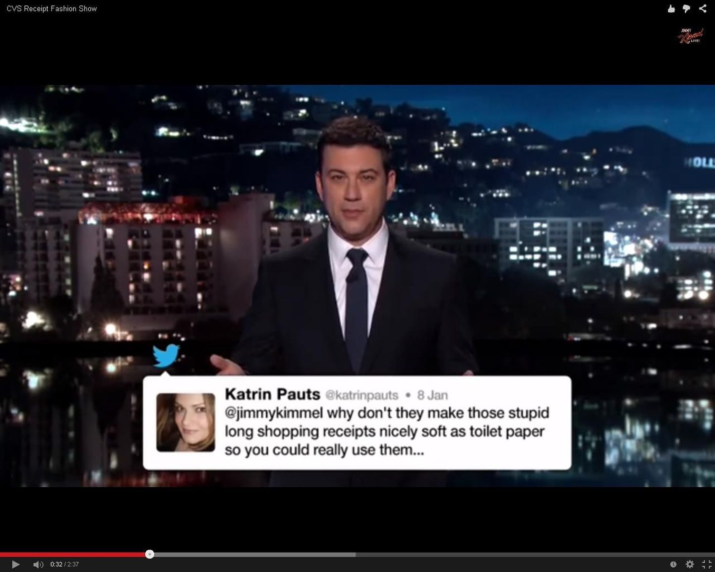 Ameerika koomik Jimmy Kimmel kasutas oma saates eestlanna ideed, mida hakata peale pikkade ostutšekkidega.