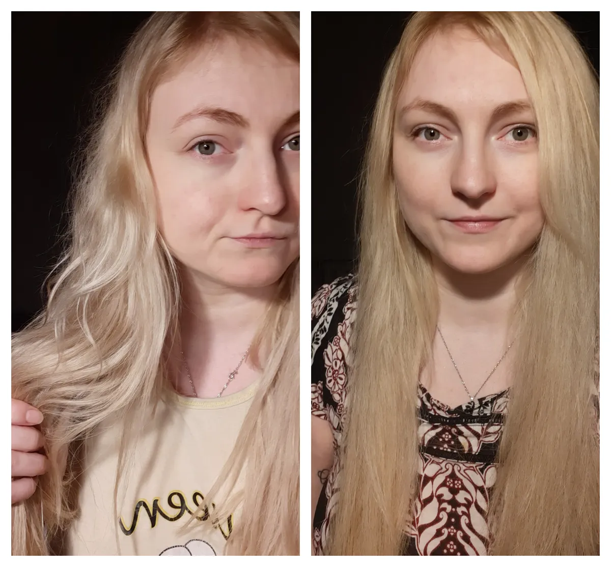 Juuksed pärast kodust pesu enne ja pärast keratiinihooldust