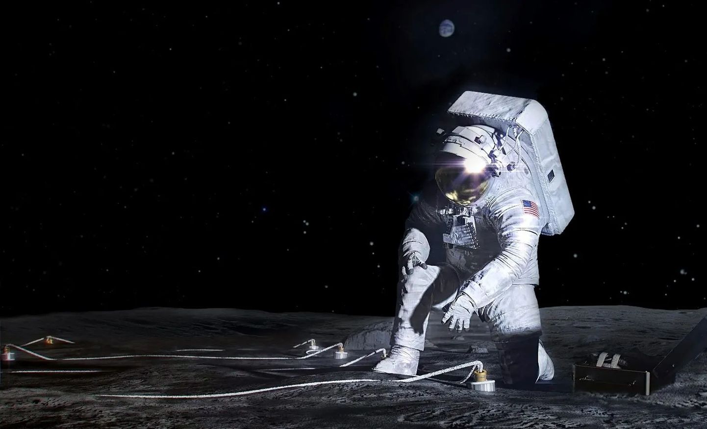 Selline on kunstniku nägemus Artemise astronaudist, kes paigutab Kuu pinnale teadusinstrumenti.