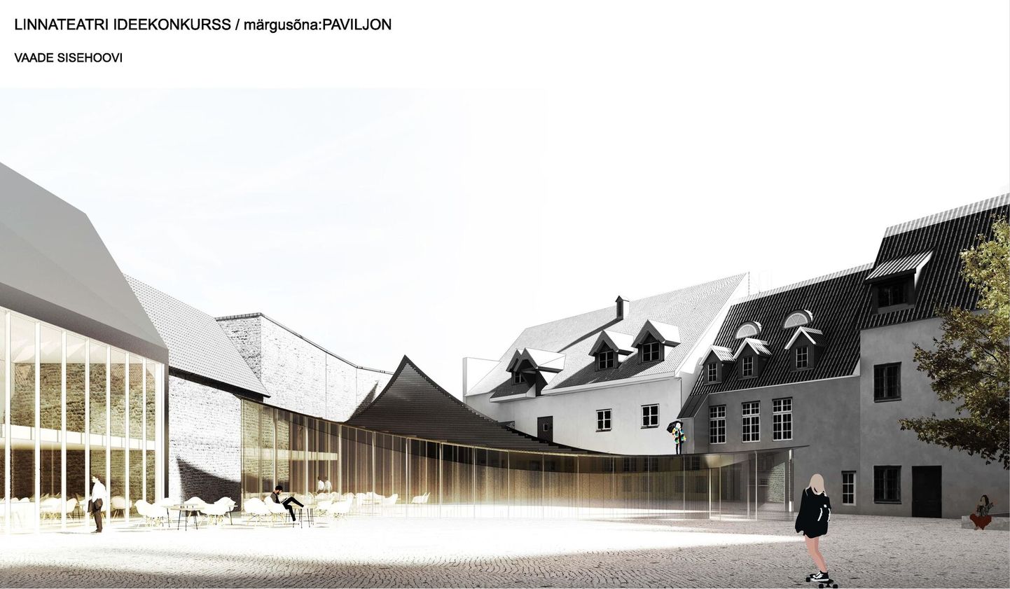 Linnateatri uue maja sisehoovi arhitektuuriline ideekavand võidutöö «Paviljon» kohaselt.