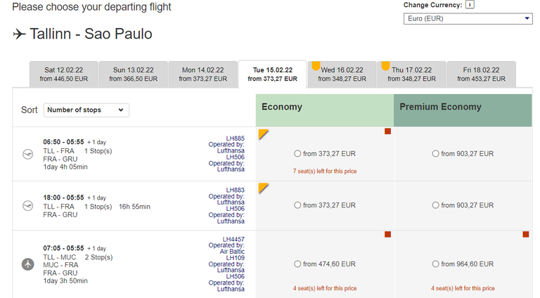 Lufthansa Premium Economy ja tavalise turistiklassi hinnavahe näiteks Brasiiliasse lennates võib mõnel päeval olla üle 500 euro suuna kohta.