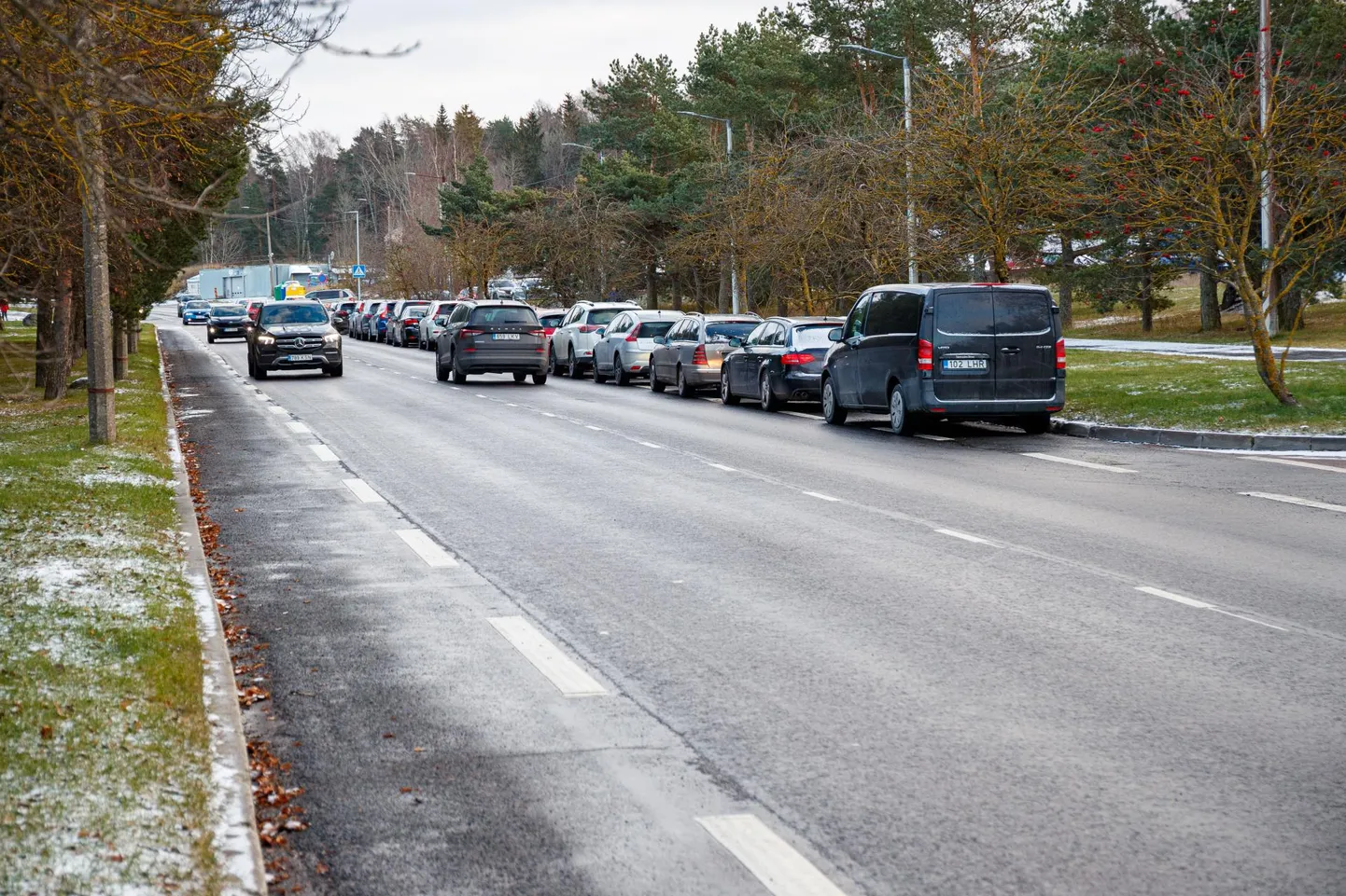 Tervise 19 asuv Gekkon Service OÜ rehvivahetuspunkt teenindab ööpäev läbi ja ainult elava järjekorra alusel. Pildil olevad autod pidid laupäeval järjekorras ootama kolm ja pool tundi.