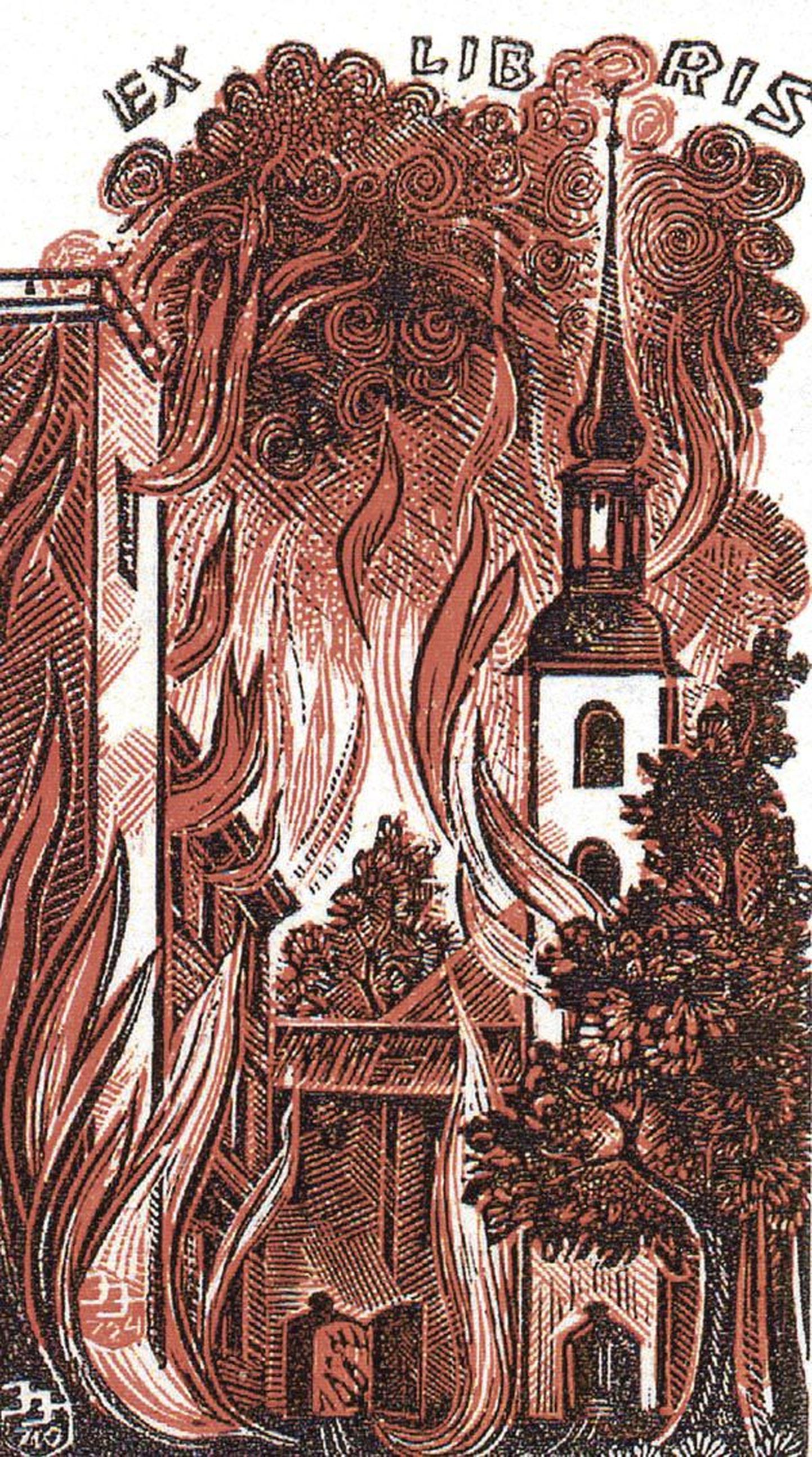 Sellel Johannes Juhansoo tehtud eksliibrisel on kujutatud Põltsamaa kirikut leekides, nagu see oli 1944. aastal.