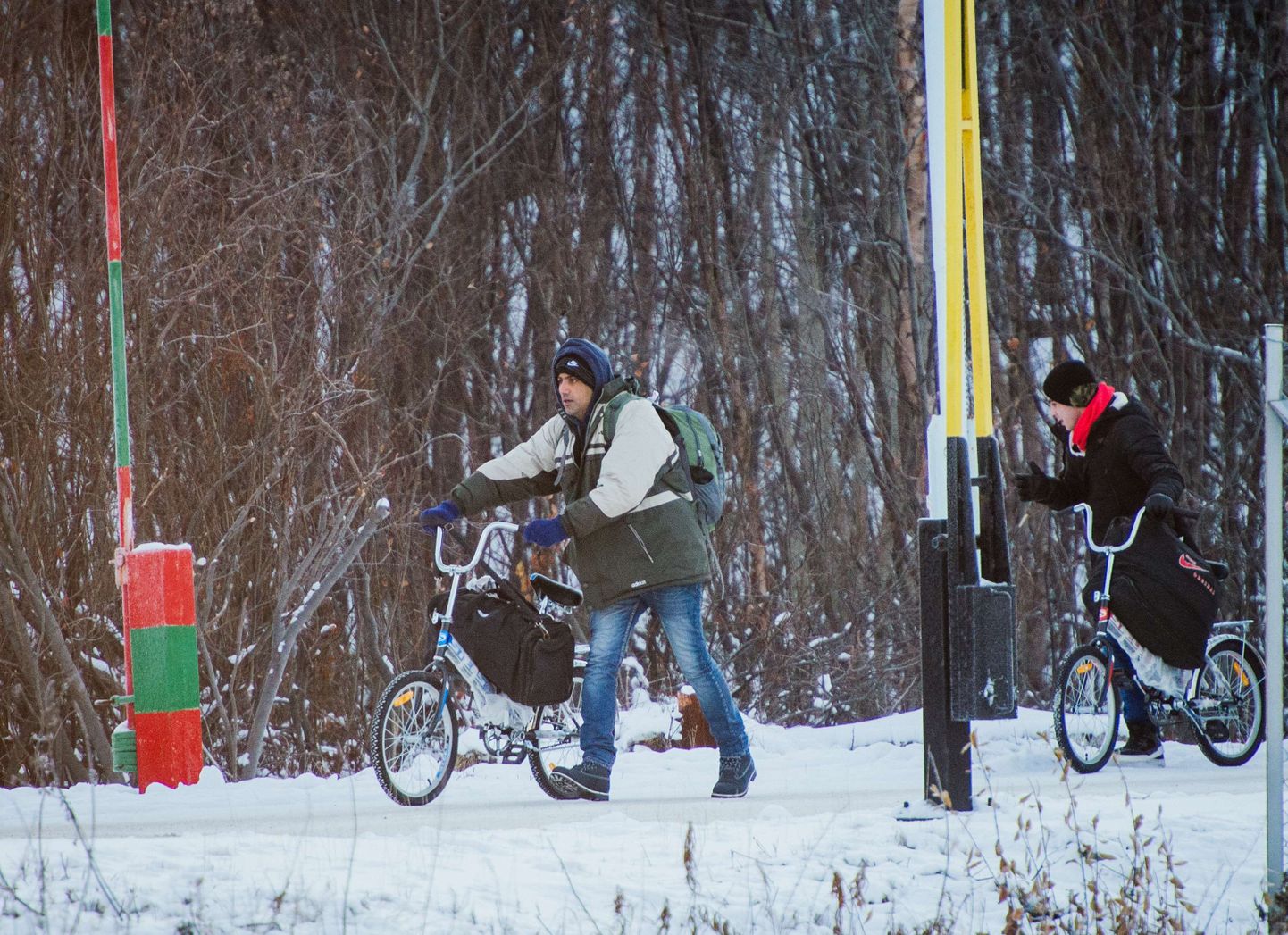 Varjupaigataotlejad ületamas Norra-Venemaa piiri jalgratastel riigi põhja osas.