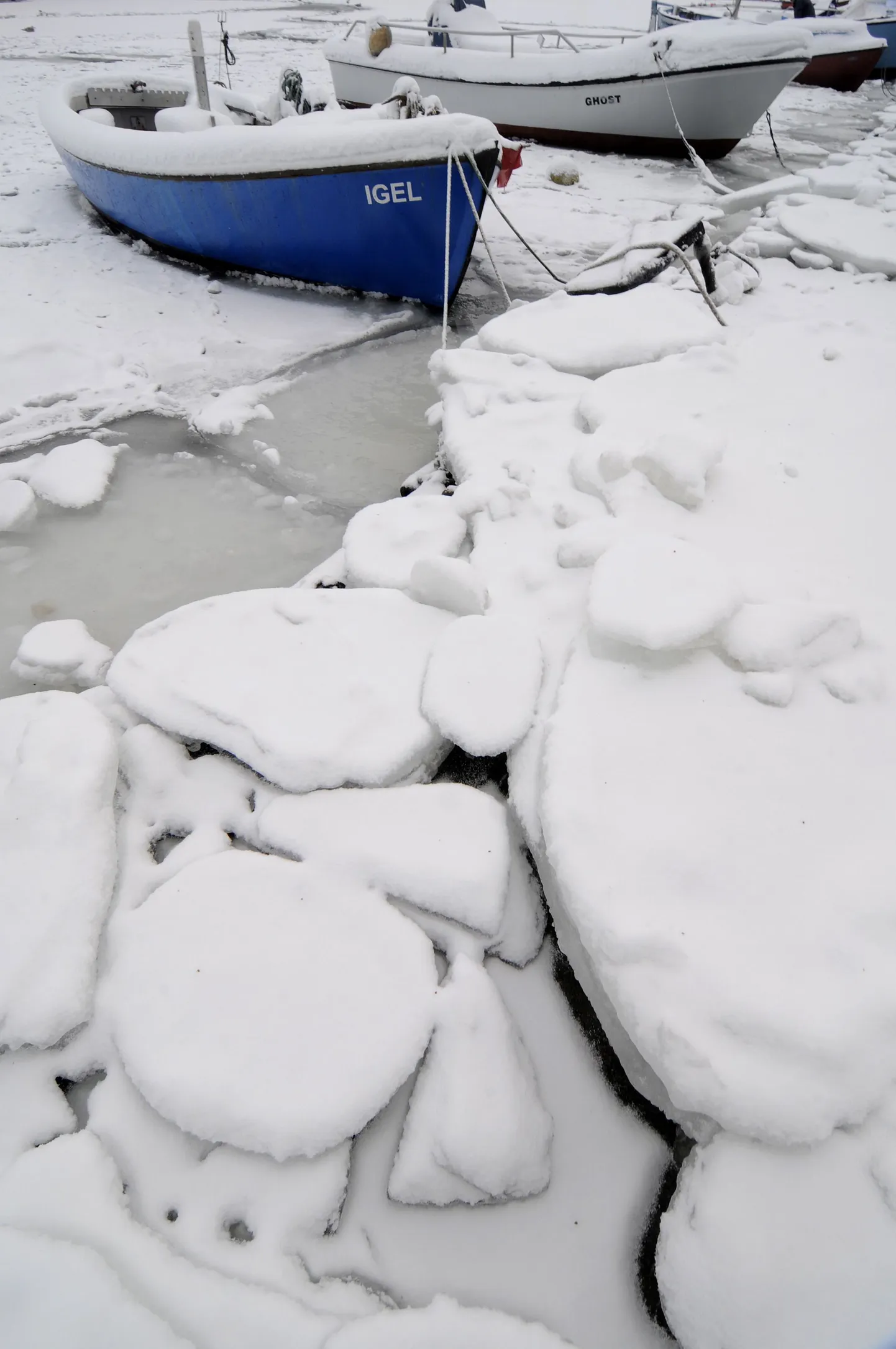 Jääs olevad kalapaadid Saksamaal Rostockis