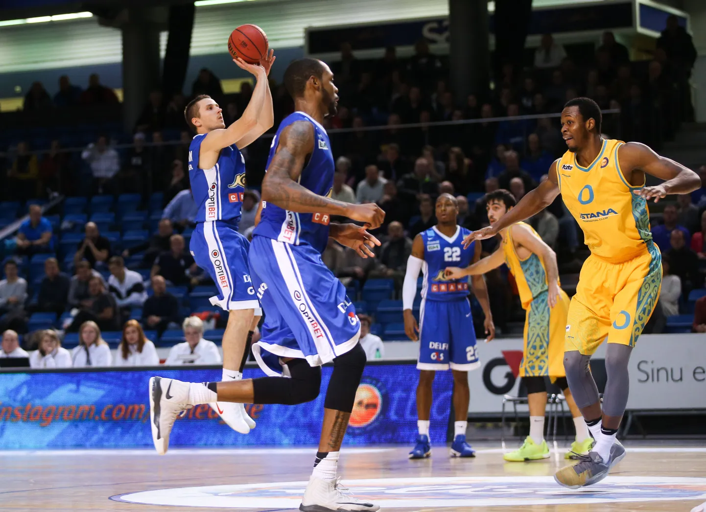 Kalev/Cramo ja BC Astana kohtumine eelmise aasta oktoobris, mil Kalev sai 84:67 võidu. Viimasel ajal head hoogu näidanud Rain Veidemani (palliga) panus on kindlasti ka täna määrava tähtsusega.
