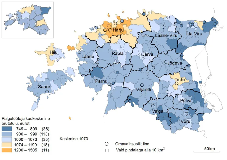 Palgatöötaja kuukeskmine brutotulu 2016. aastal. Allikas: statistikaamet