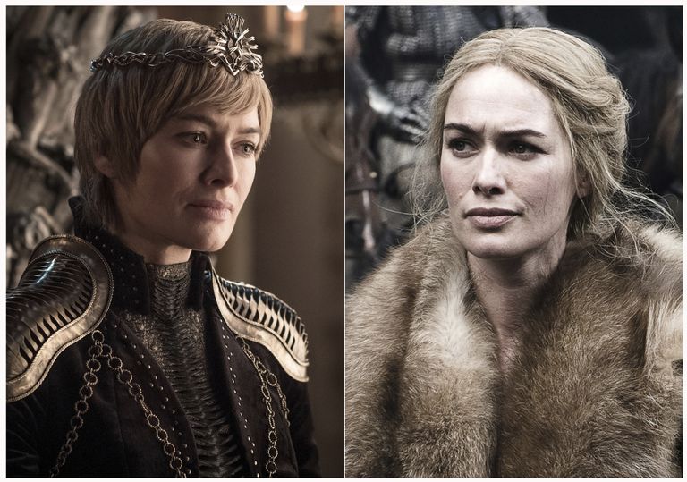 Cersei Lannister (Lena Headey) sarja alguses (paremal) ja lõpus