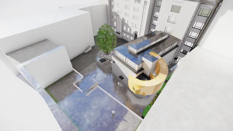 Renoveeritud Tallinna Kunstihoone sisehoovi 3D visuaal.