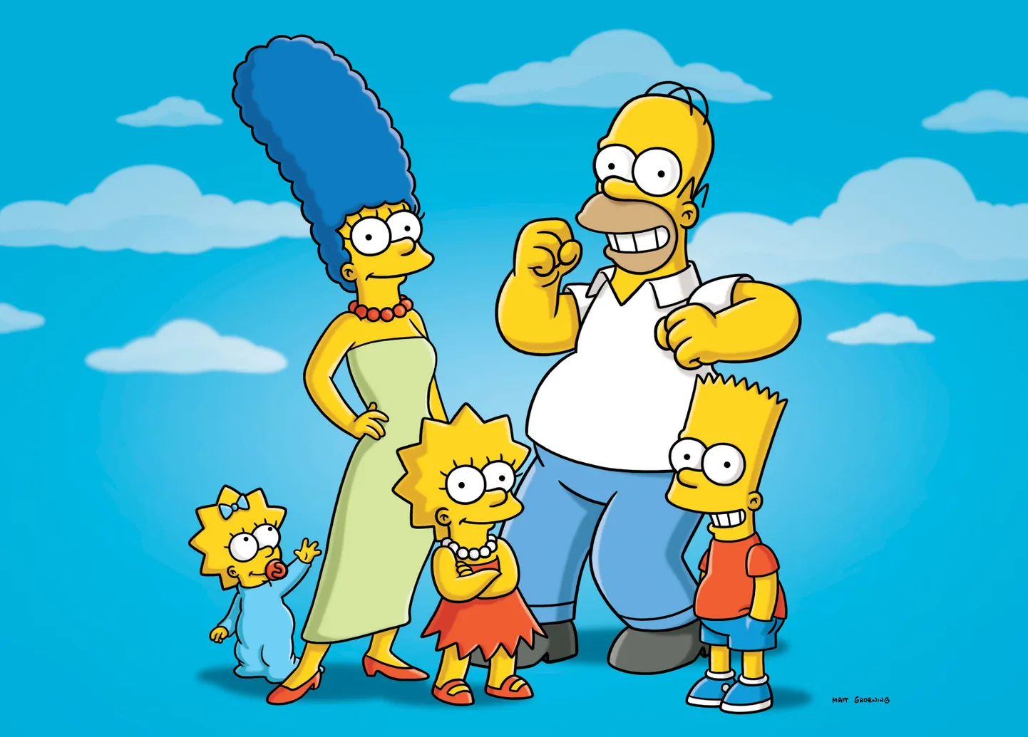 «Simpsonite» põhitegelased Maggie, Marge, Lisa, Homer ja Bart