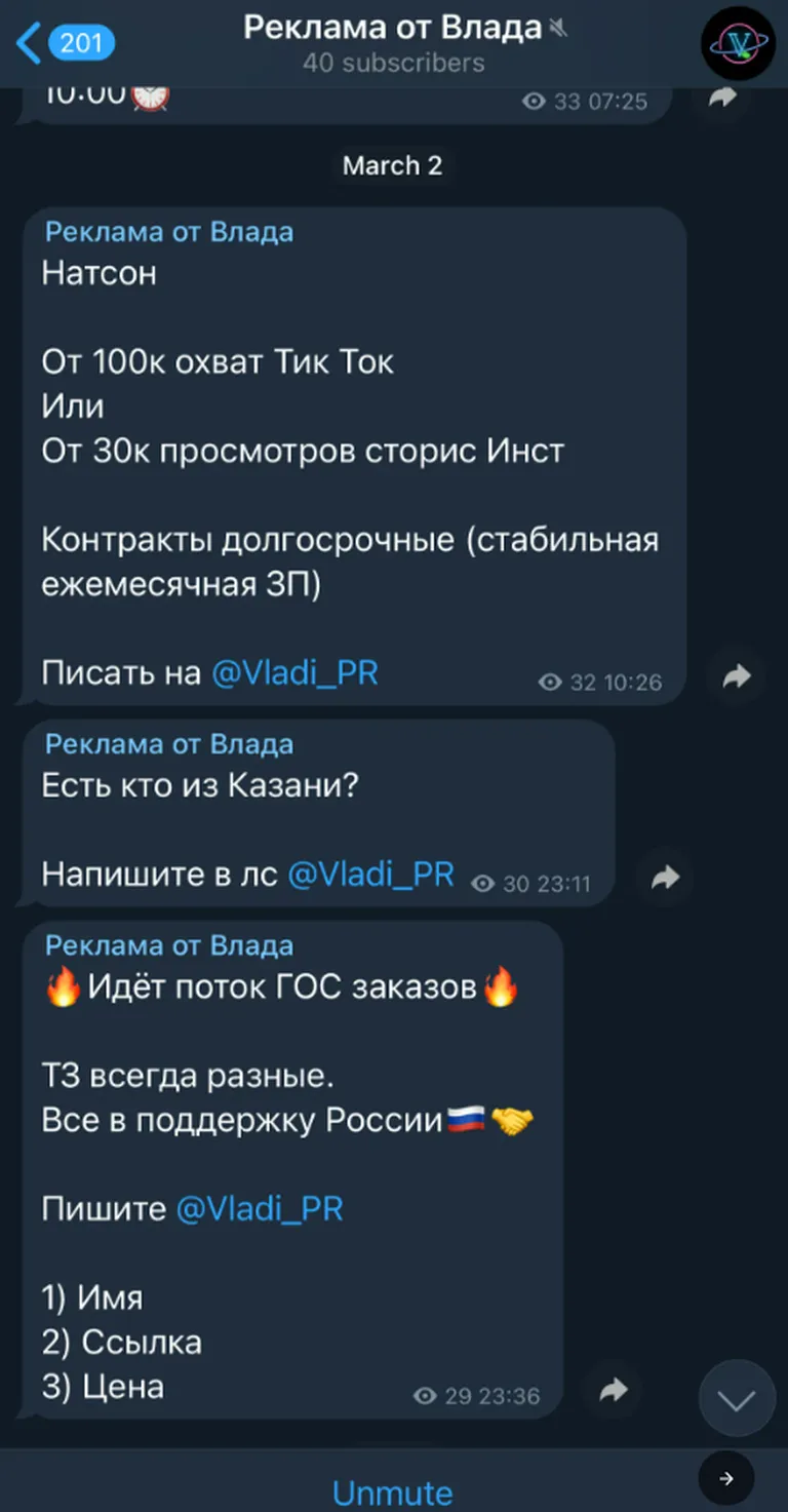 Рекламные предложения тиктокерам в Телеграме.