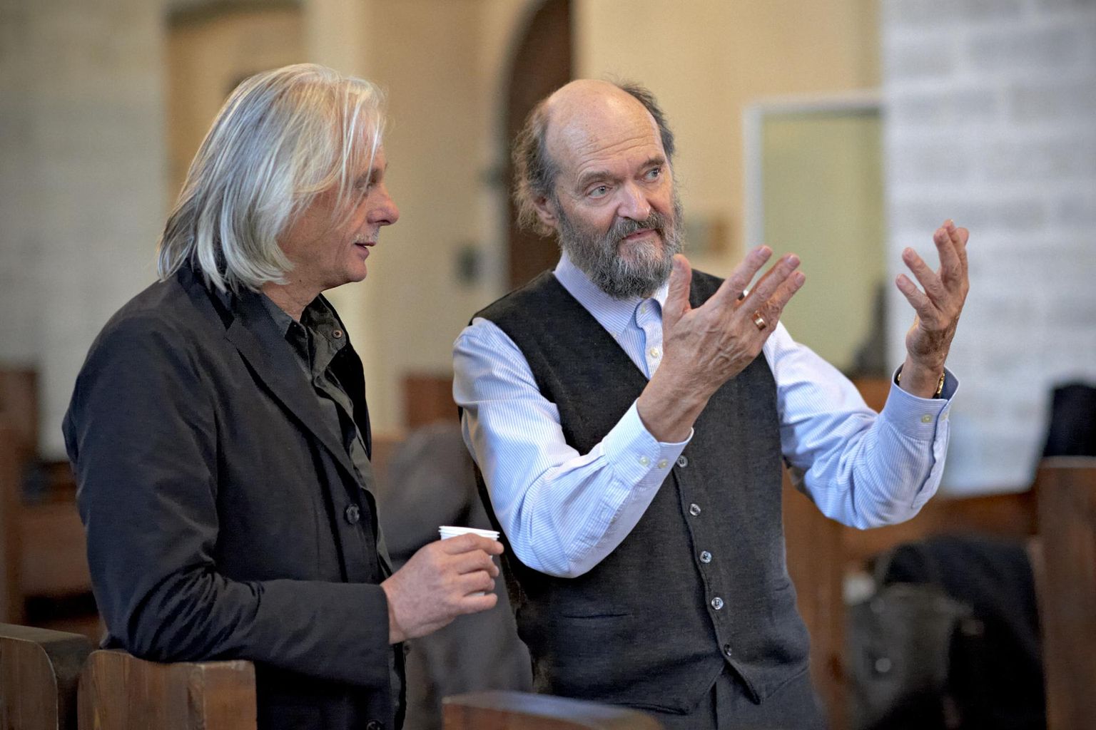 Arvo Pärt ja Manfred Eicher 2011. aastal CD "Adam`s Lament" salvestusel Niguliste kirikus.