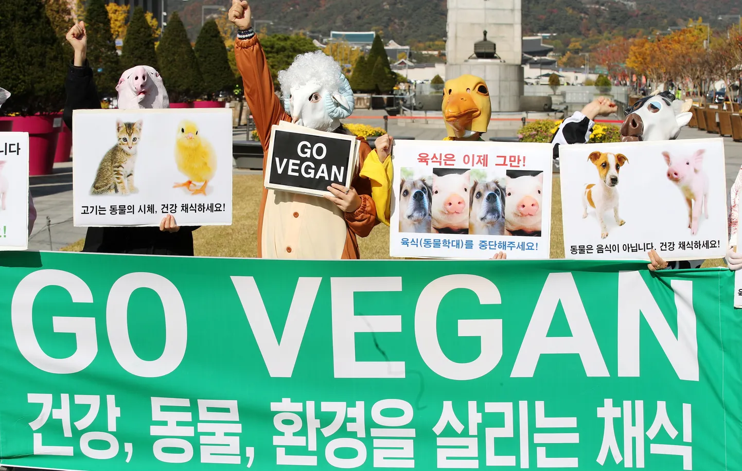 Illustreerival pildil veganluse teemaline meeleavaldus Soulis, Lõuna-Koreas 30.10.2020