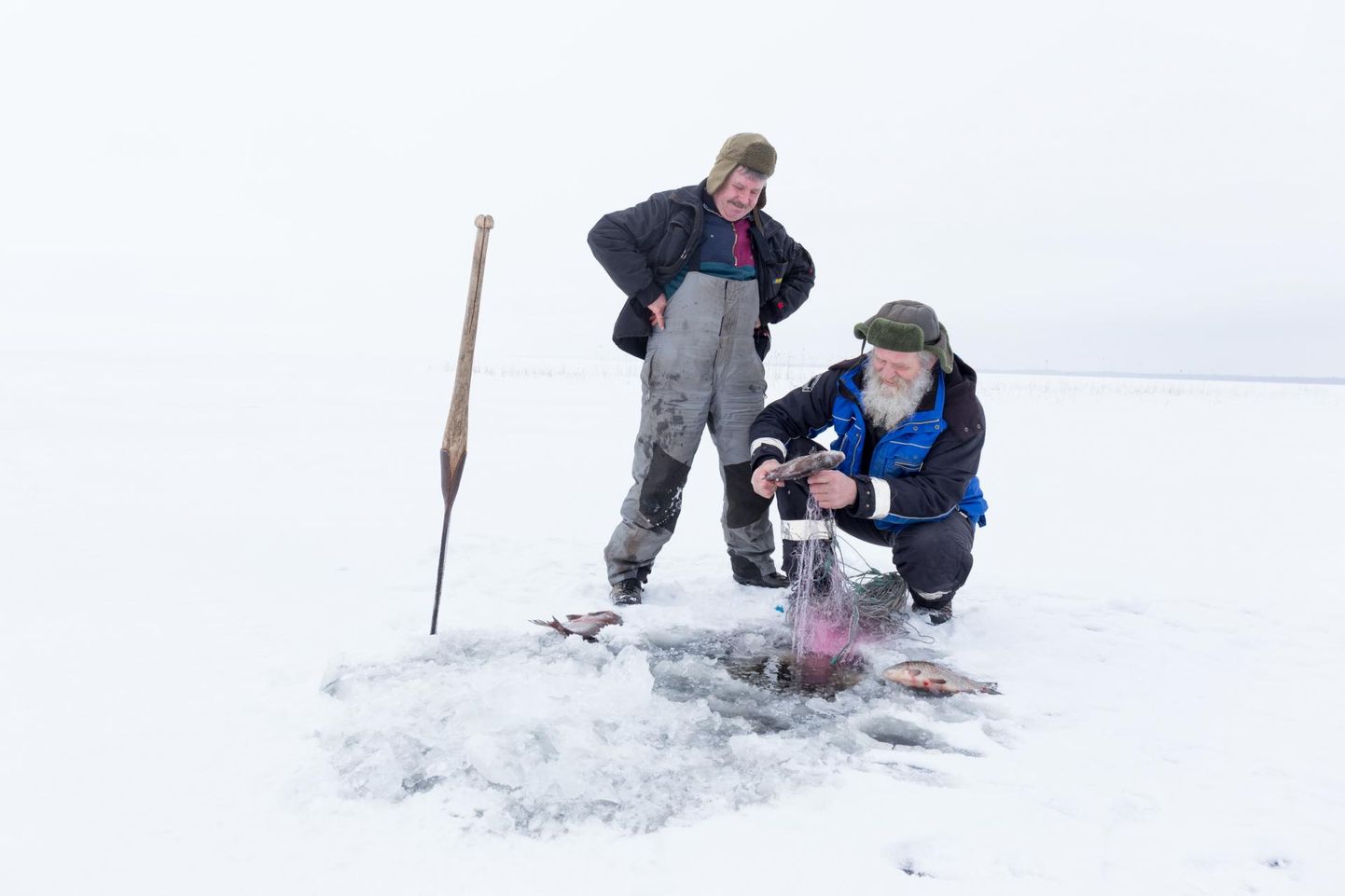 Võrtsjärve kalurid Ants Leiaru (habemega) ja Marko Vaher pidid võrgupüügist 15. märtsist suu puhtaks pühkima, ehkki nüüd algaks kõige magusam kohapüügiaeg.